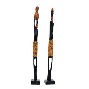 African Wooden Couple Figurines Set with Orange Beads